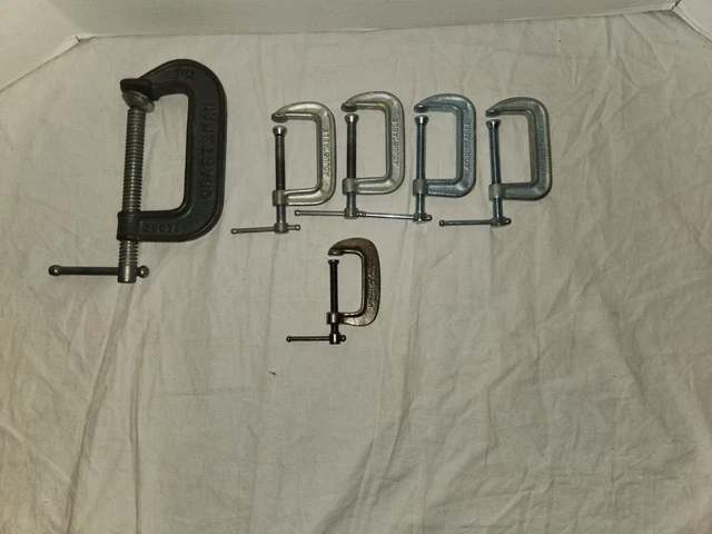 Lot of 5 Adjustable C-Clamps, Craftaman, USA & Unknown, 2 1/2", 4 1/4", 2"