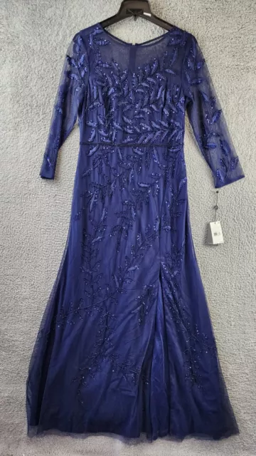 Adrianna Papell Beaded 3/4-Sleeve Gown Women's 10 Light Navy Boat Neck Back Zip 2