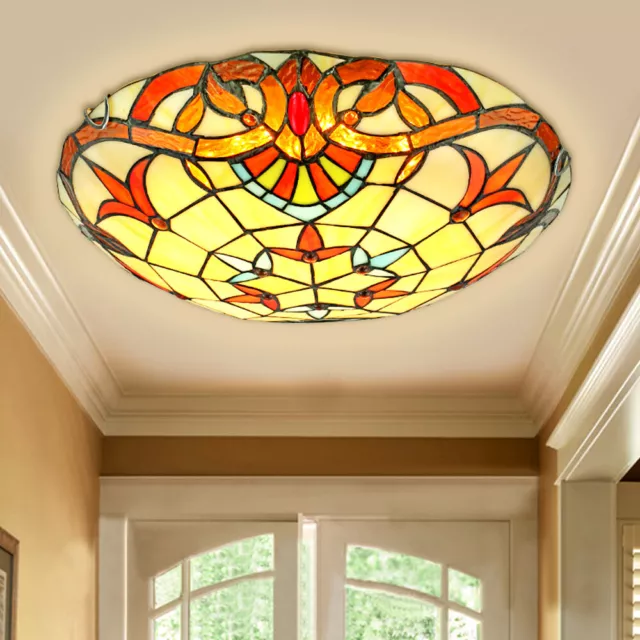 12" Tiffany Style Fixture Decor Lamp Stained Glass Shade Flush Mount Ceiling