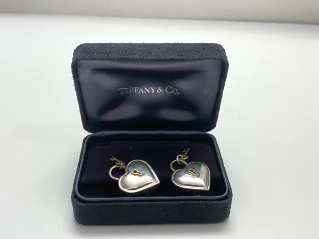 Tiffany & Co 18K Gold Heart Padlock Lock & Key sterling Earrings, authentic
