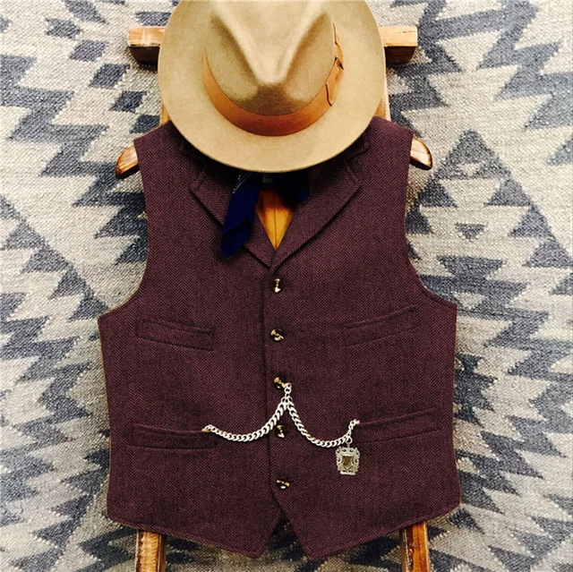 Gilet in tweed da uomo cowboy spina di pesce vintage sposo su misura 42 44 46 48