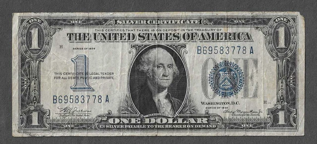 FR. 1606 One Dollar ($1) Series of 1934 Silver Certificate - Funny Back