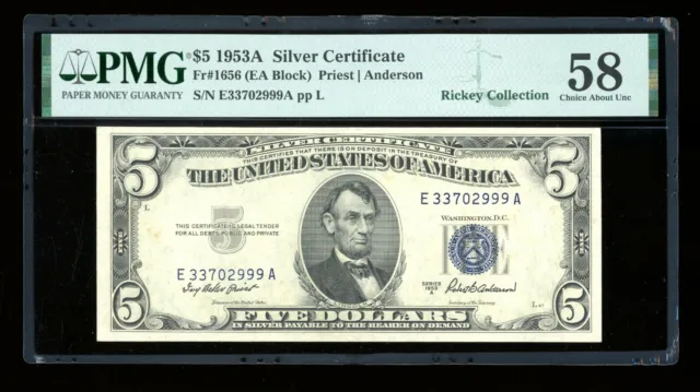 DBR 1953-A $5 Silver Fr. 1656 EA Block PMG 58 Serial E33702999A