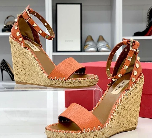 VALENTINO GARAVANI Espadrilles Leather Wedge sole Sandal 35 Orange Auth Used