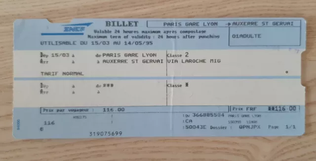 FRENCH TRAIN BILLET. PARIS GARE LYON TO AUXERRE ST GERVAI. 15th MARCH 1995.