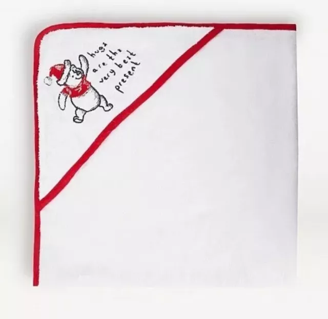 Bnwt Disney Baby Winnie The Pooh Christmas Hugs Hooded Soft Towel White Red