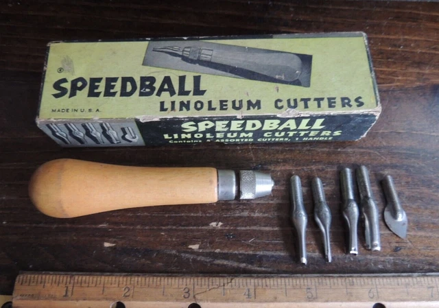 VINTAGE No. 1 HERRAMIENTA DE CORTE DE LINÓLEO SPEEDBALL con 5 CUCHILLAS, MANGO, CAJA ORIGINAL