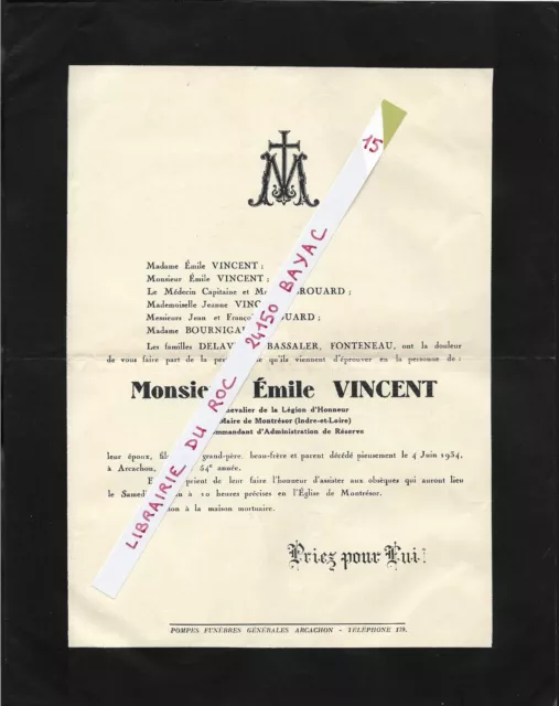 FAIRE PART DECES + Emile VINCENT, maire de Montrésor, Indre-et-Loire + 1934