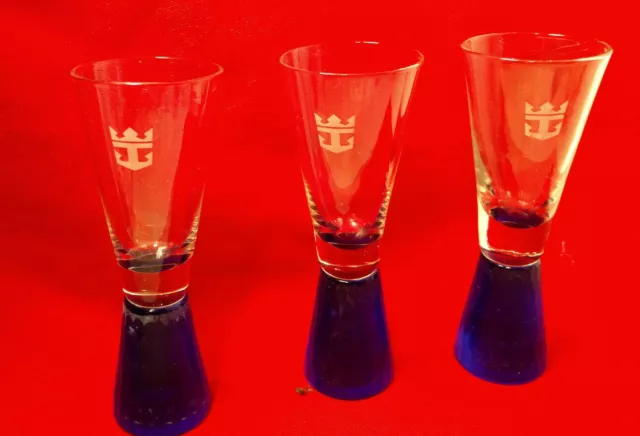 3 Royal Caribbean Cruise Line SHOT GLASSES Frosted Cobalt Blue Base Collectable 3