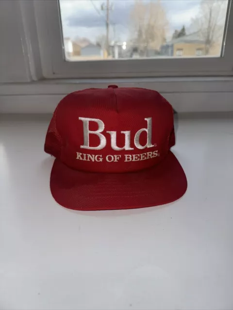 Vintage 80s BUD King of Beers Snapback Trucker Hat Red USA Budweiser Netted Cap