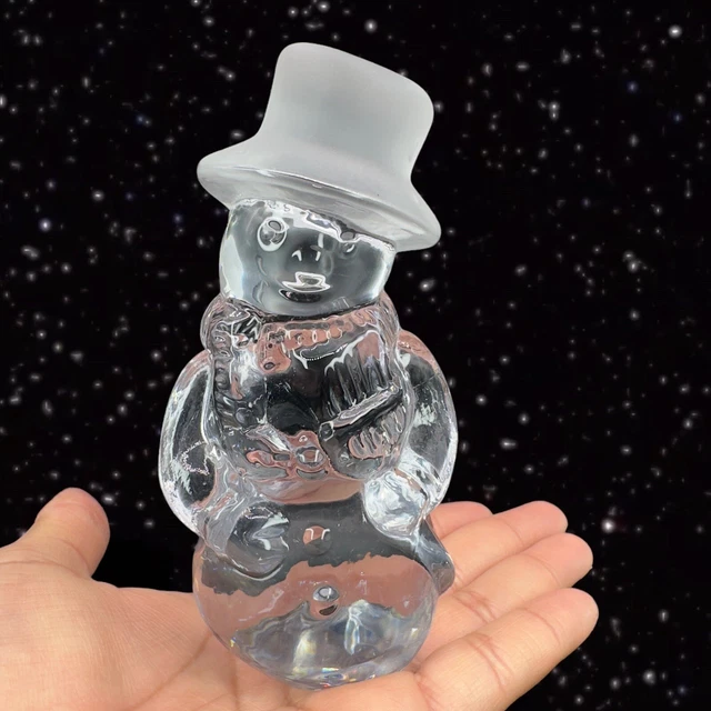 Clear Art Glass Snowman Figurine Paperweight Glass Frosted Hat 5”Tall VTG