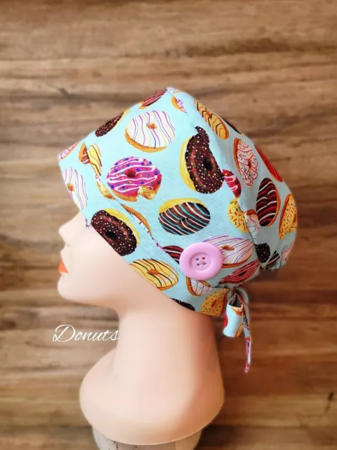 Tossed Donuts ~Women Tieback Lined Surgical Scrub Cap with Buttons
