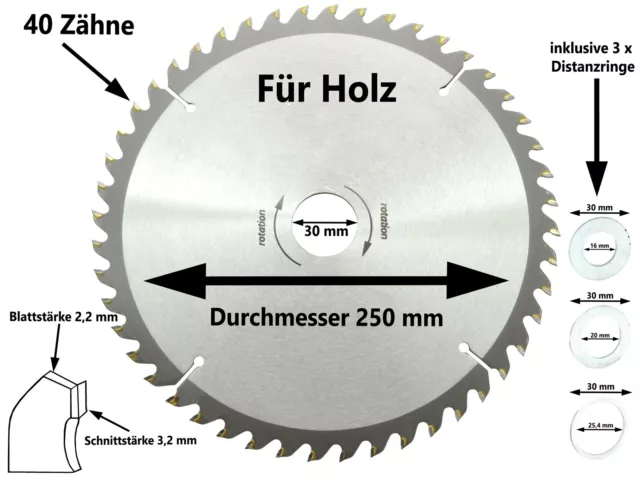 Sägeblatt Kreissägeblatt Hand Kreissäge 250 x 30 mm x 40 Z Kapp Tauch Säge Blatt