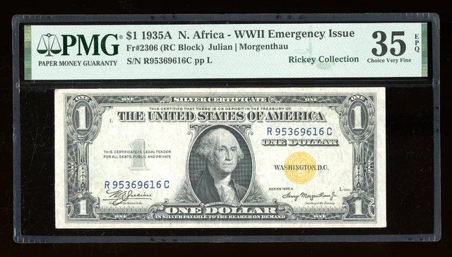 DBR 1935-A $1 North Africa Silver Fr. 2306 RC Block PMG 35 EPQ Serial R95369616C
