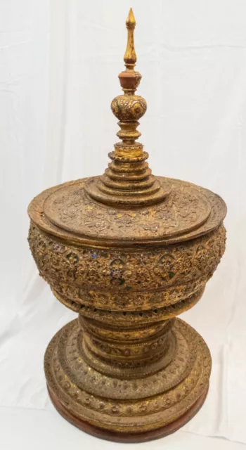 43" Massive Gilt & Glass Rhinestone Lacquer Stupa Thai Burmese South East Asian