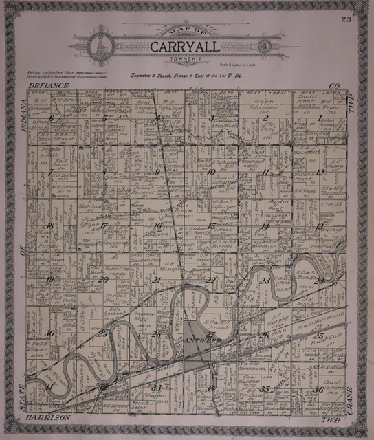 1917 PLAT MAP CARRYALL Twp., PAULDING Co., OHIO / BLUE CREEK Twp. on