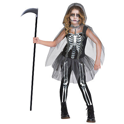 Girls Skeleton Grim Reaper Costume Childs Halloween Scary Ghoul Fancy Dress Kids