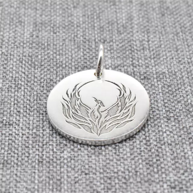 Sterling Silver Engraved Phoenix Pendant 925 Silver Custom Disc Necklace Charm