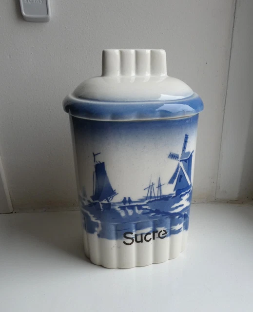 Antique spice pot sugar earthenware Ditmar Urbach blue decor DFelft mill boat Antique spice pot sugar earthenware Ditmar Urbach blue decor DFelft mill boat