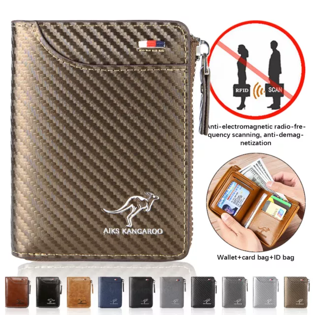 Credit Card Mens Purse RFID Blocking Leather Wallet  ID Holder Zipper Waterproof