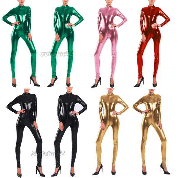 Shiny Metallic Zentai Bodysuit Turtleneck Long Sleeve Front Zip Unitard Costumes