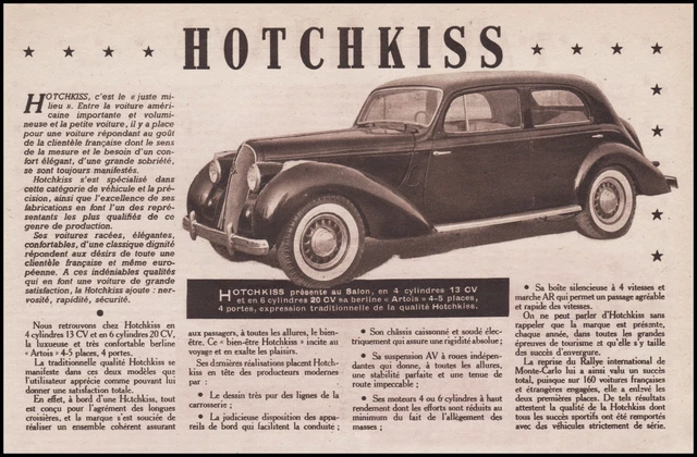 Publicité Automobile Hotchkiss car vintage print article ad  1949 - 9h