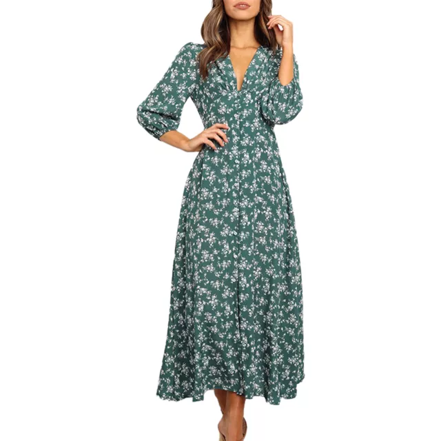 Women Floral Print Button Down Long Sleeves For Autumn Maxi Dress V Neck Casual