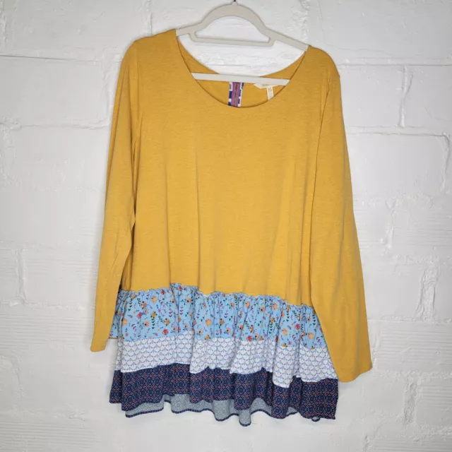 Matilda Jane Women's XXL Weekend Vibes Shirt Top Yellow Blue Ruffles