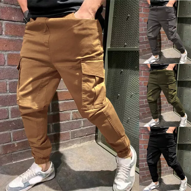 Mens Elasticated Waist Cargo Combat Work Trousers Joggers Pocket Cuffed Pants AU