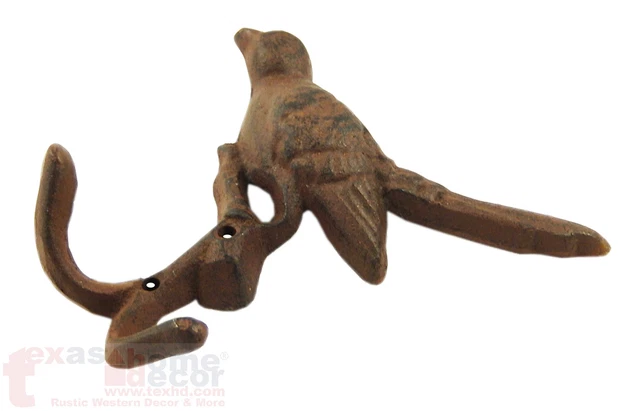 Cast Iron Bird Double Wall Hook Rustic Key Towel Coat Hanger Antique Brown Look 2