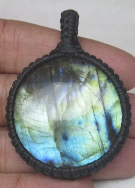 Natural Labradorite 126.10 Cts Round Cotton Waxed Cord Macrame Pendant J 2375