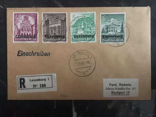 1941 Luxembourg Germany Registered Cover to Stuttgart Germany