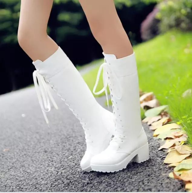 Womens Combat Knee High Boots Lace Up Knight Boots Block Heels Shoes Plus Size
