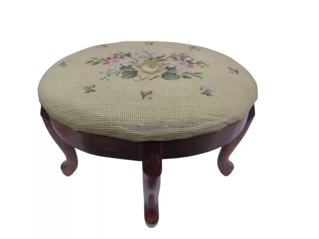 Vintage Needlepoint Floral Foot Stool Rest Claw Foot Wooden Legs Oval