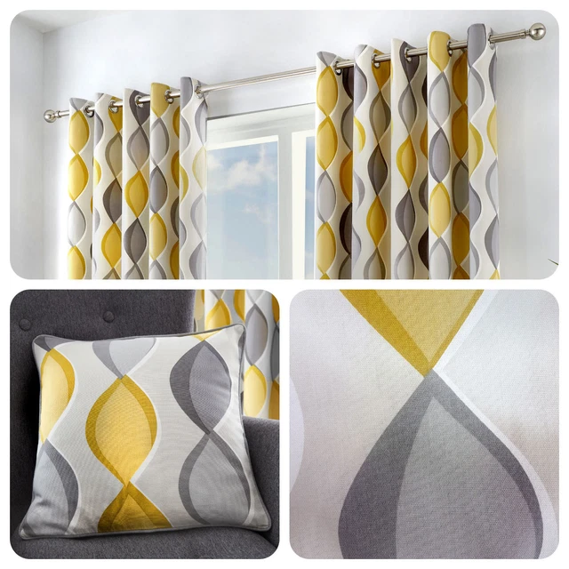 Fusion LENNOX Grey & Yellow 100% Cotton Ready Made Eyelet Curtains & Cushions