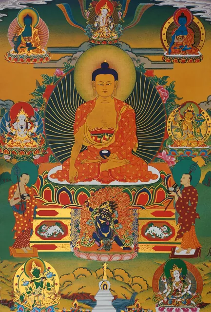 24"Silk Brocaded Blessed Golden Wood Scroll Tibetan Thangka: Shakyamuni Buddha