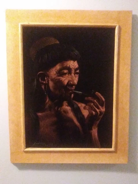 native american indian art paintings Chief Smoke A Pipe! Signed 1964 On Velvet