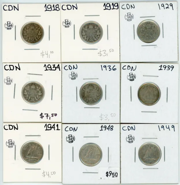 1918 to 1949 Canada 10 Cents Silver Lot of 9 #17446