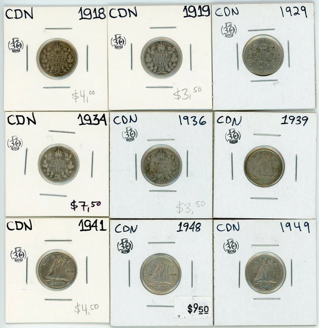 1918 to 1949 Canada 10 Cents Silver Lot of 9 #17446