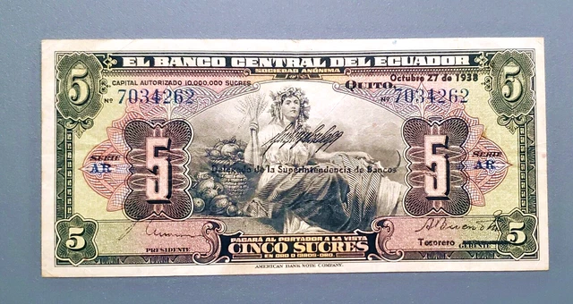 ECUADOR ~ 5 SUCRES 1938 ~ P-84b ~ EARLY DATE & SCARCE ~ NICE FRESH VF/XF NOTE