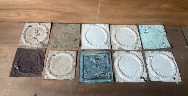 10 sq ft Antique Tin Ceiling Pieces Shabby Tile Chic Vtg Arts Crafts 86-23A