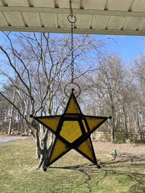 Vintage HANGING Art Deco Tealight MORAVIAN STAR HOLDER Stained Yellow Glass LAMP