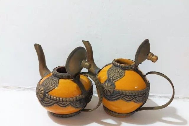 Vintage Decorative Pair Copper Orange Ceramic Brass Morocco Decor Tea Kettles 2