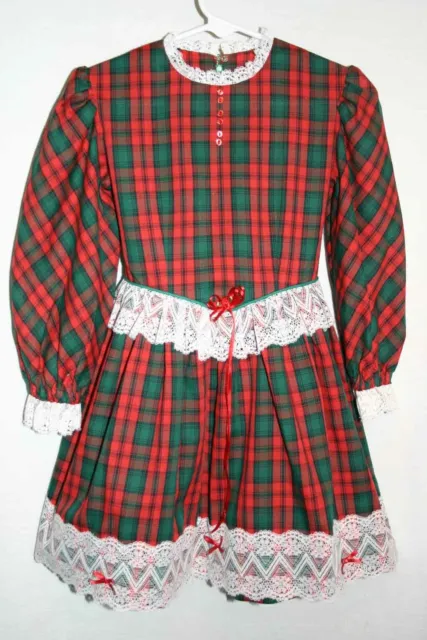 Vtg 70s Approx Sz 4 Girls Prairie Dress Christmas Holiday Red Plaid Lace