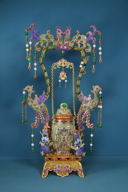 Chinese Exquisite Handmade Gilt Inlaid Hetian Jade Chain Bottle Phoenix