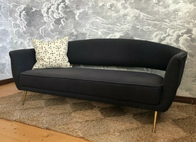 vintage 1950s mid century black Italian sofa with brass legs
