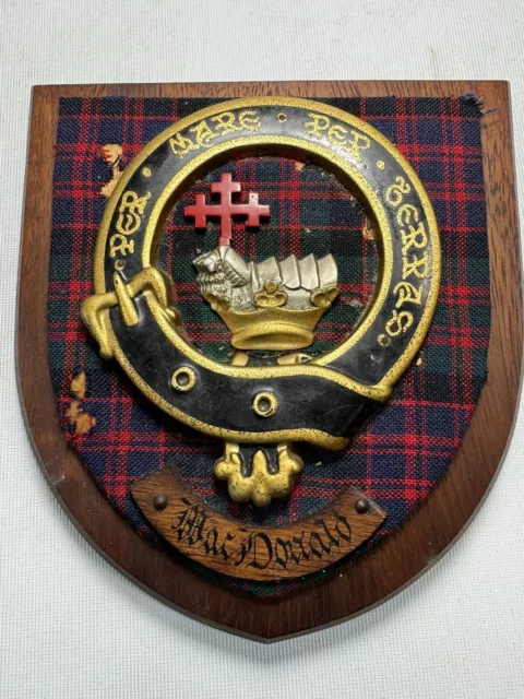 Vintage Old Scottish Carved Clan MacDonald Tartan Plaque Crest Shield