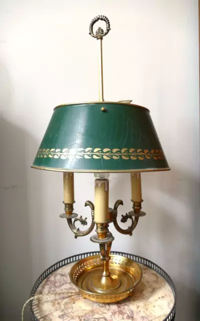 Grande lampe bouillotte style Louis XVI / Empire 3 bras bronze Abat jour tôle