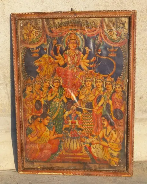 Vintage Ancien Rare Hindou Déesse Shree Ambey Durga Sherawali Mata Litho Imprimé