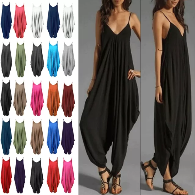 Women Ladies Cami Thin Strappy Lagenlook Italian Drape Long Baggy Harem Jumpsuit